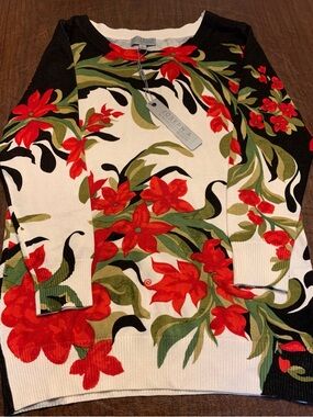 Joseph A. Floral Knit Sweater in Red, Green & Black NWT Size Medium